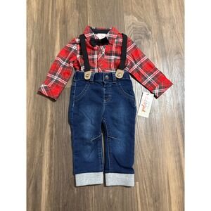 NWT Cat & Jack Baby Boy Red Flannel Outfit Jeans Suspenders 6-9 Months